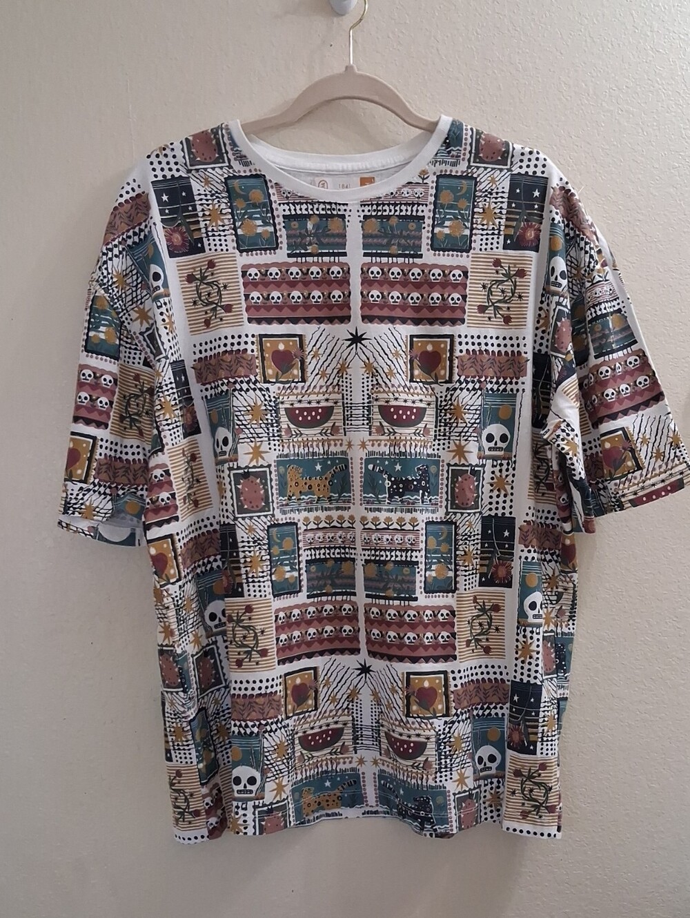VTG Style C&A Eclectic Retro Patchwork Pattern Cotton Tee Oversized Medium